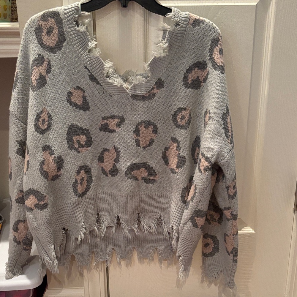 Gray and Pink Leopard Distressed Sweater